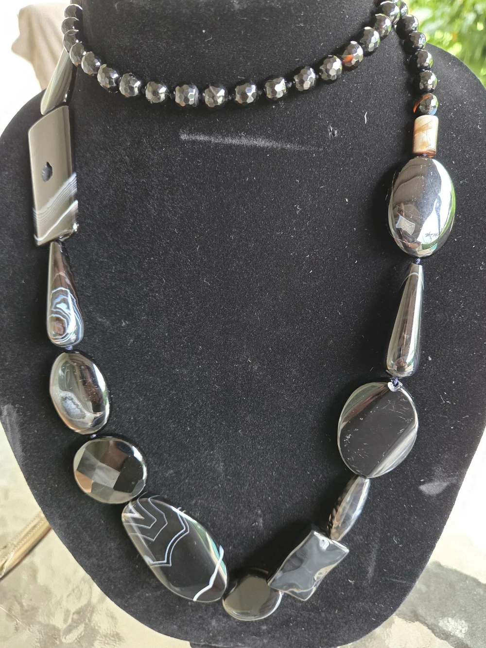 Natural Black Banded Agate Long Statement Necklace Mixed-Shape Beads Inclusions